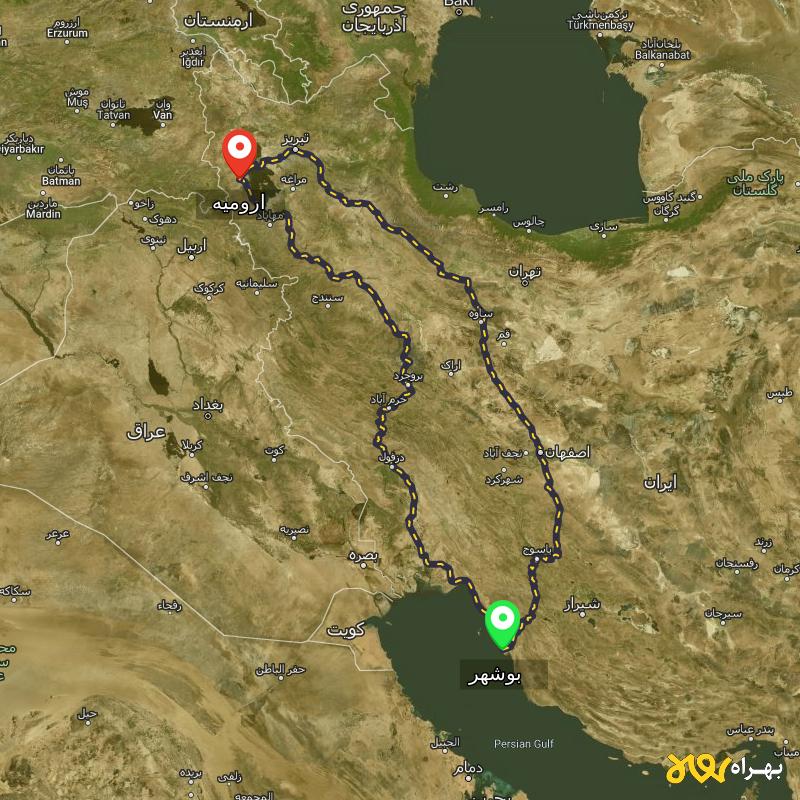 مسافت و فاصله ارومیه تا بوشهر از ۲ مسیر - اردیبهشت ۱۴۰۳