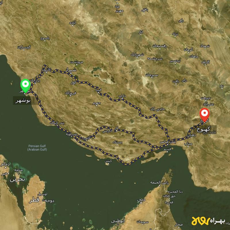 مسافت و فاصله کهنوج - کرمان تا بوشهر از ۳ مسیر - بهمن ۱۴۰۳