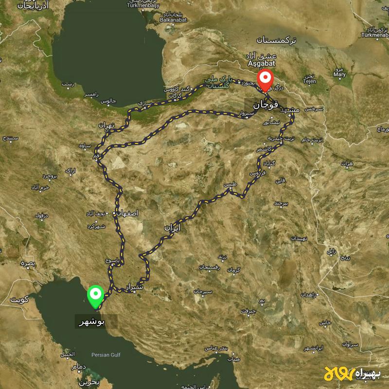 مسافت و فاصله قوچان - خراسان رضوی تا بوشهر از ۳ مسیر - اردیبهشت ۱۴۰۳