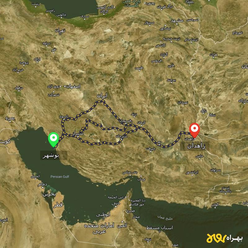 مسافت و فاصله زاهدان تا بوشهر از ۳ مسیر - اردیبهشت ۱۴۰۳