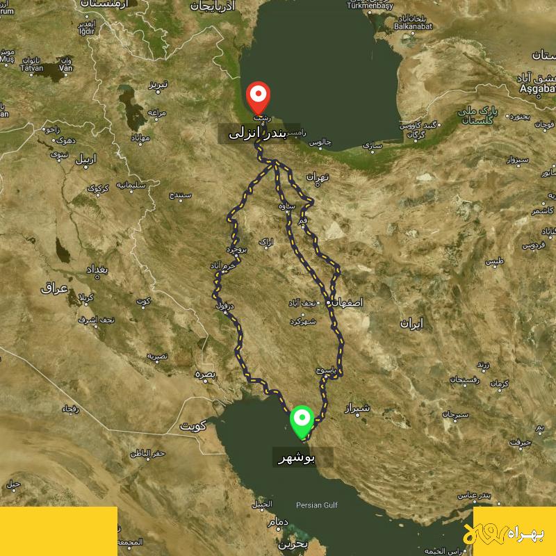 مسافت و فاصله بندر انزلی تا بوشهر از 3 مسیر - مسیریاب بهراه