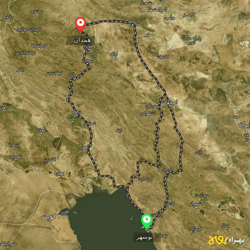 مسافت و فاصله همدان تا بوشهر از ۳ مسیر - مرداد ۱۴۰۳
