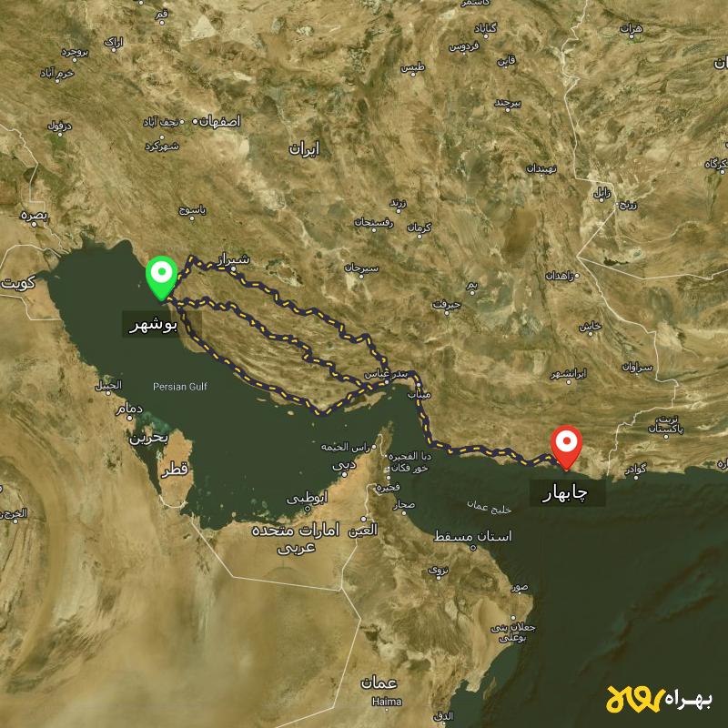 مسافت و فاصله چابهار تا بوشهر از ۳ مسیر - اردیبهشت ۱۴۰۳