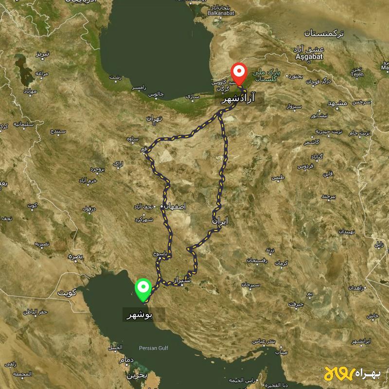 مسافت و فاصله آزادشهر - گلستان تا بوشهر از ۲ مسیر - دی ۱۴۰۳