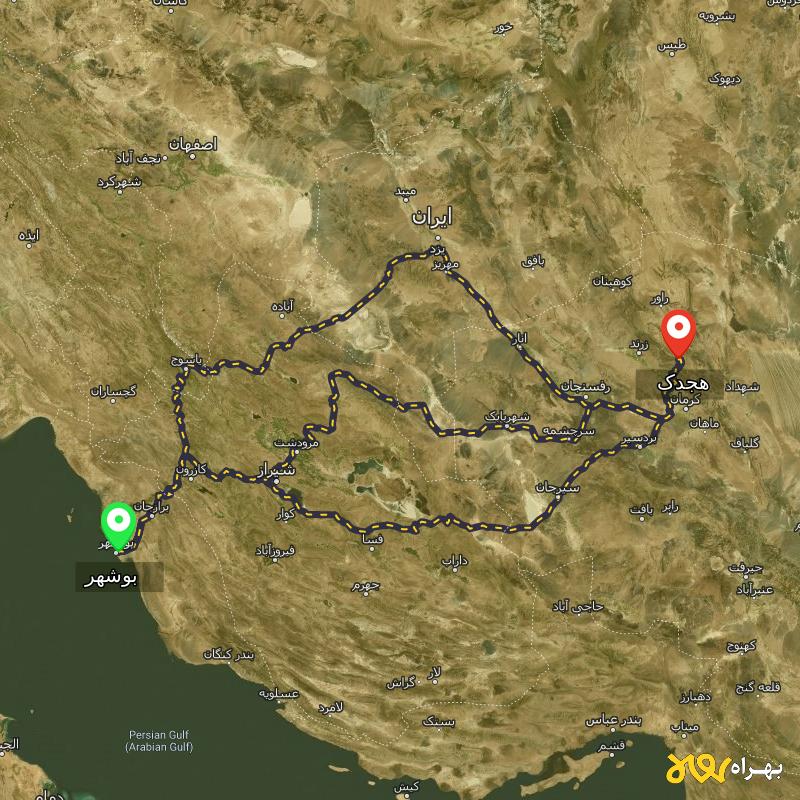 مسافت و فاصله هجدک - کرمان تا بوشهر از ۳ مسیر - آذر ۱۴۰۳