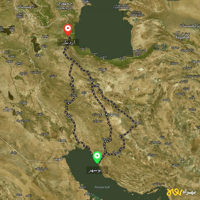 مسافت و فاصله اردبیل تا بوشهر از 3 مسیر - مسیریاب بهراه