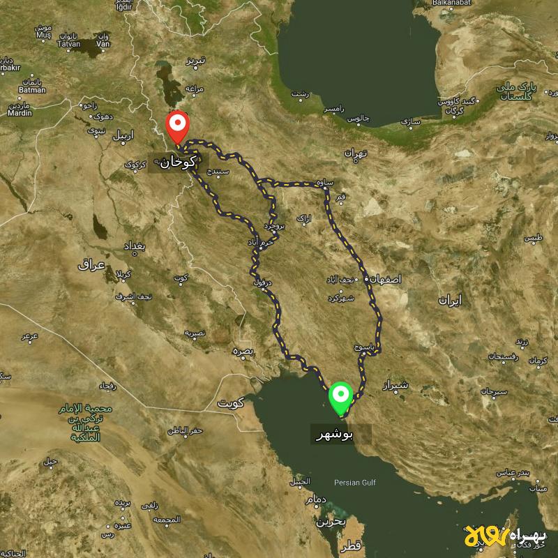 مسافت و فاصله کوخان - کردستان تا بوشهر از ۳ مسیر - مرداد ۱۴۰۳