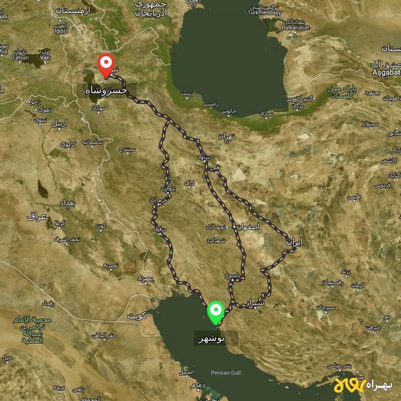مسافت و فاصله خسروشاه - آذربایجان شرقی تا بوشهر از ۳ مسیر - مرداد ۱۴۰۳