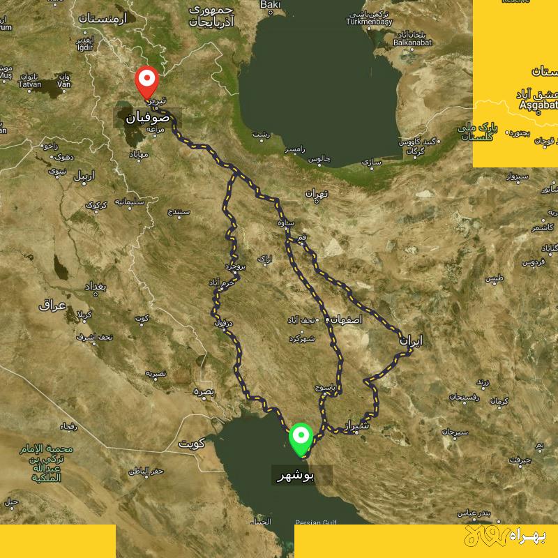 مسافت و فاصله صوفیان - آذربایجان شرقی تا بوشهر از ۳ مسیر - مرداد ۱۴۰۳