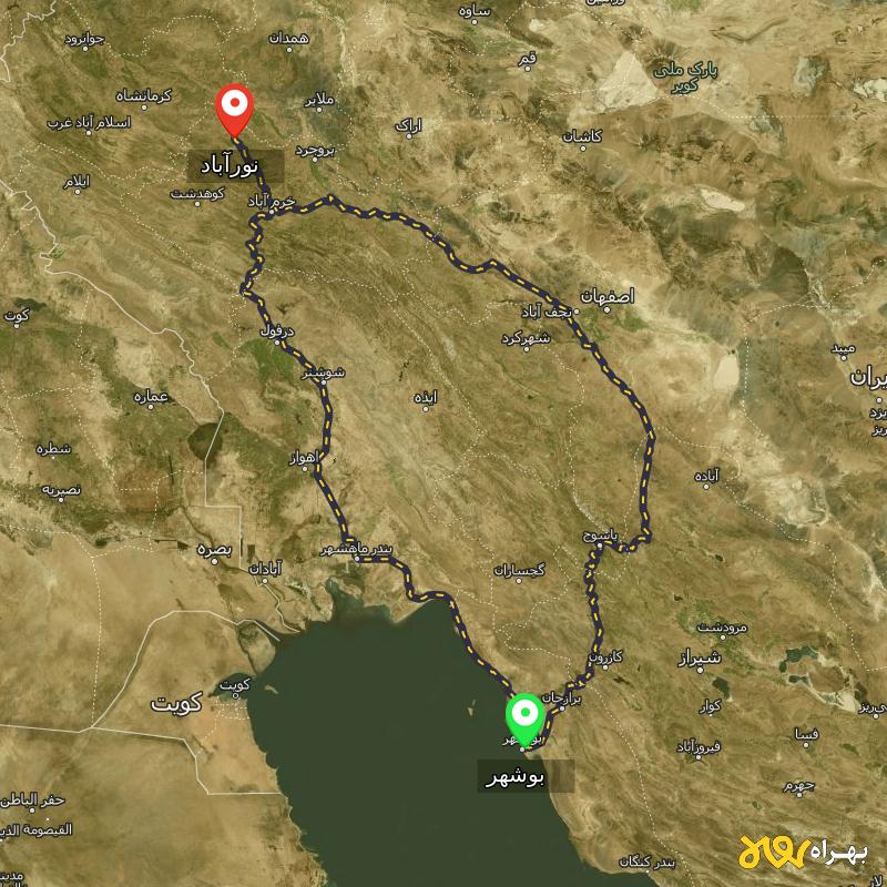 مسافت و فاصله نورآباد - لرستان تا بوشهر از ۲ مسیر - آذر ۱۴۰۳