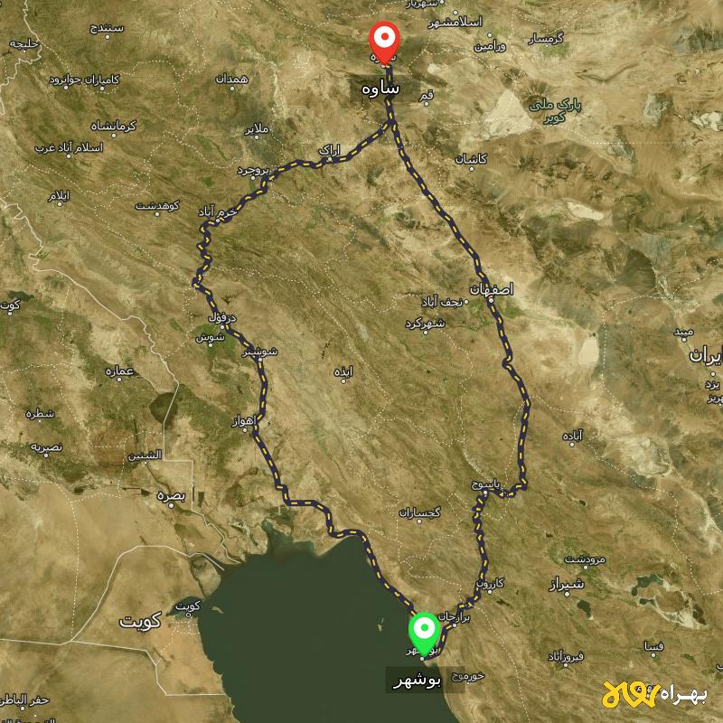 مسافت و فاصله ساوه تا بوشهر از ۲ مسیر - مرداد ۱۴۰۳