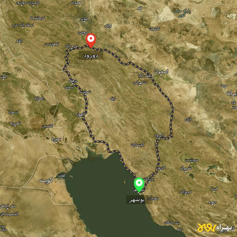 مسافت و فاصله دورود - لرستان تا بوشهر از ۲ مسیر - اردیبهشت ۱۴۰۳
