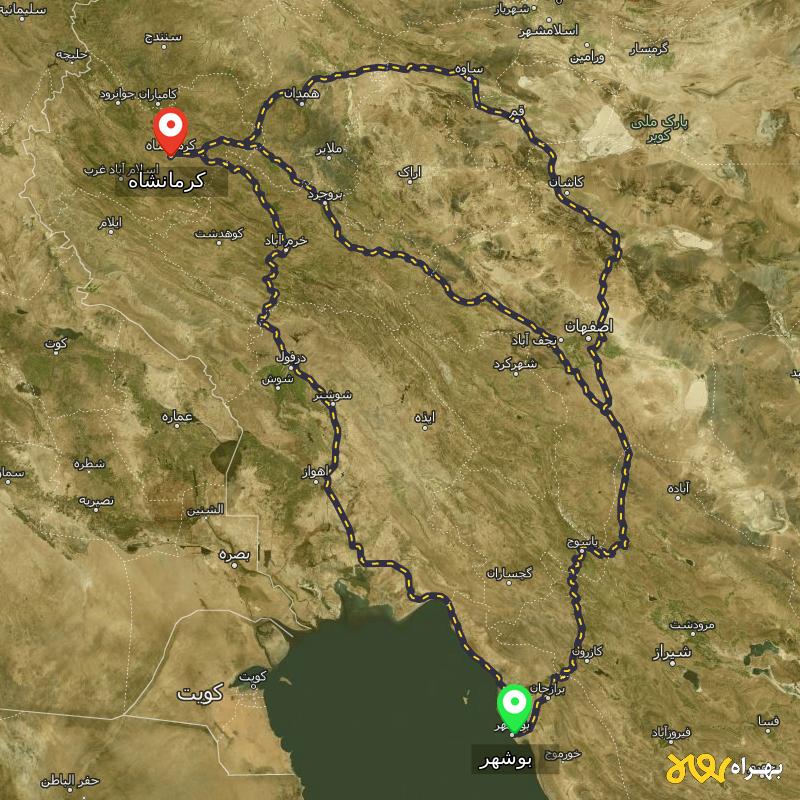 مسافت و فاصله کرمانشاه تا بوشهر از ۳ مسیر - مهر ۱۴۰۳