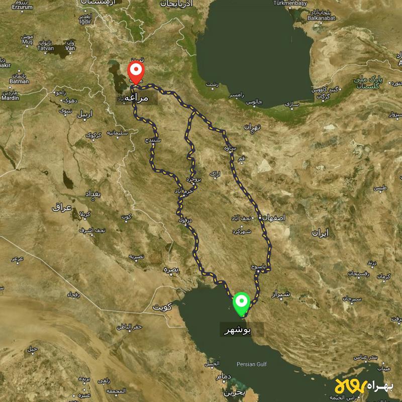 مسافت و فاصله مراغه - آذربایجان شرقی تا بوشهر از ۳ مسیر - اردیبهشت ۱۴۰۳