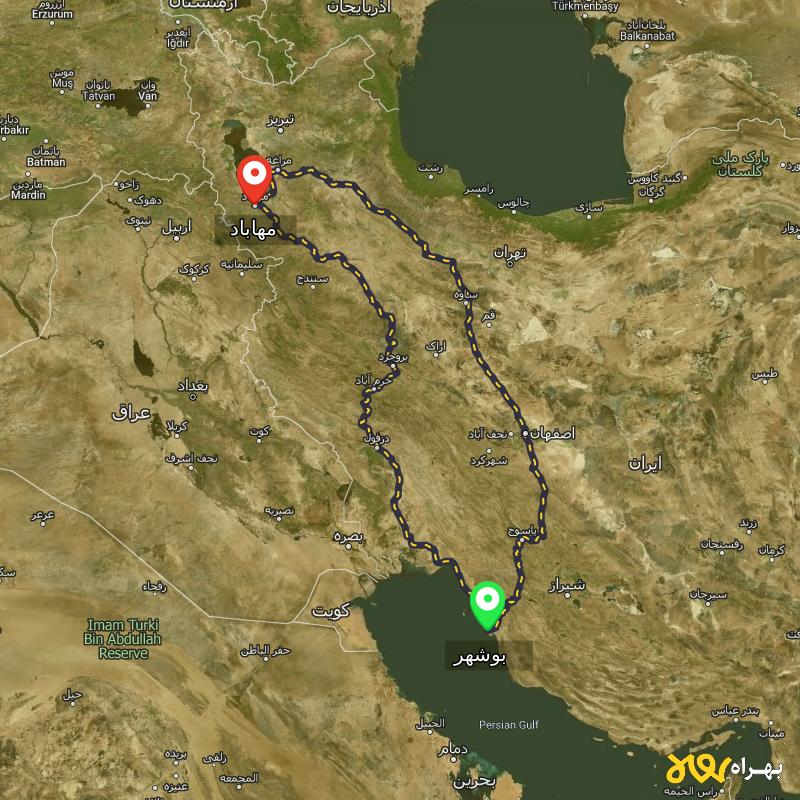 مسافت و فاصله مهاباد - آذربایجان غربی تا بوشهر از ۲ مسیر - دی ۱۴۰۳