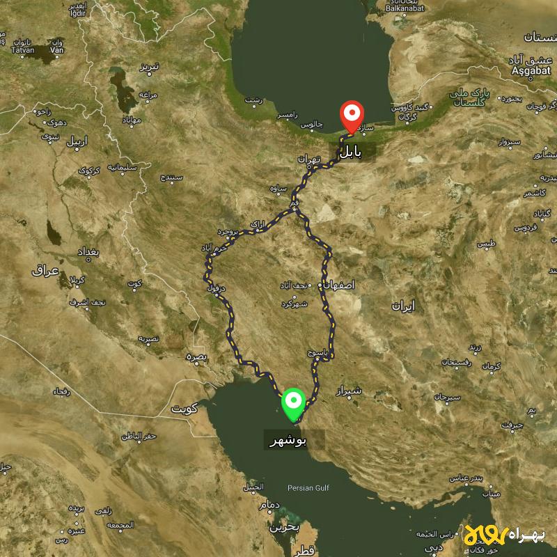 مسافت و فاصله بابل تا بوشهر از ۲ مسیر - اردیبهشت ۱۴۰۳