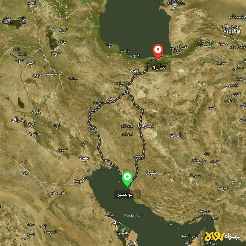 مسافت و فاصله ساری تا بوشهر از ۲ مسیر - مرداد ۱۴۰۳