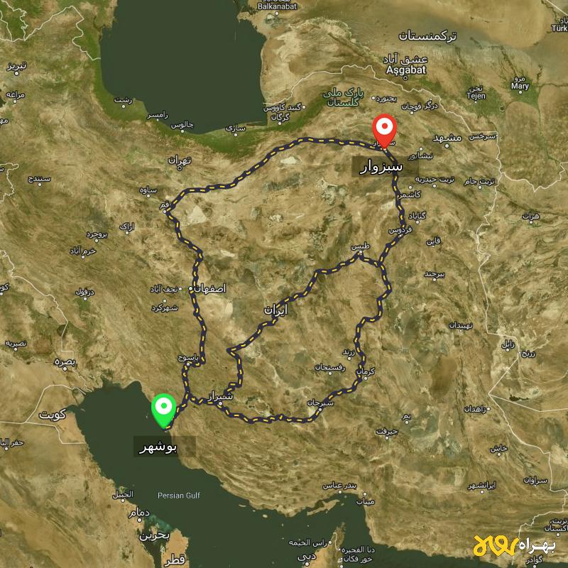 مسافت و فاصله سبزوار تا بوشهر از ۳ مسیر - اردیبهشت ۱۴۰۳