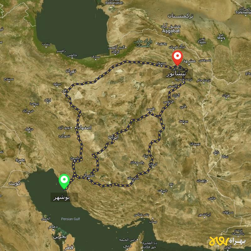 مسافت و فاصله نیشابور تا بوشهر از ۳ مسیر - اردیبهشت ۱۴۰۳