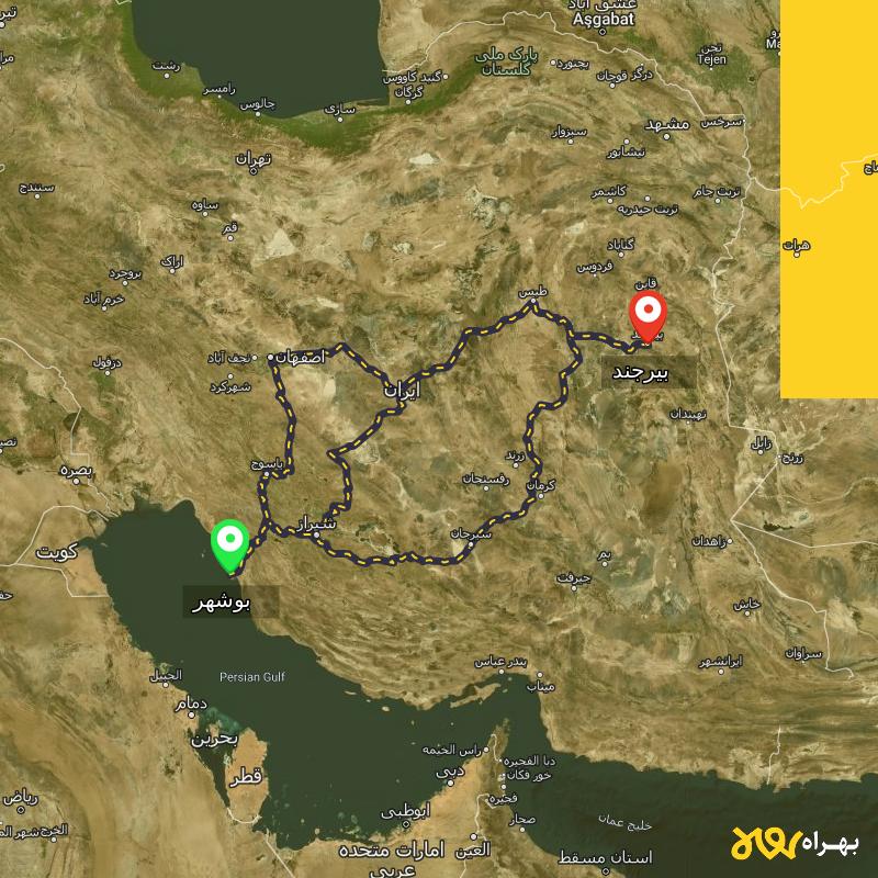 مسافت و فاصله بیرجند تا بوشهر از ۳ مسیر - مرداد ۱۴۰۳