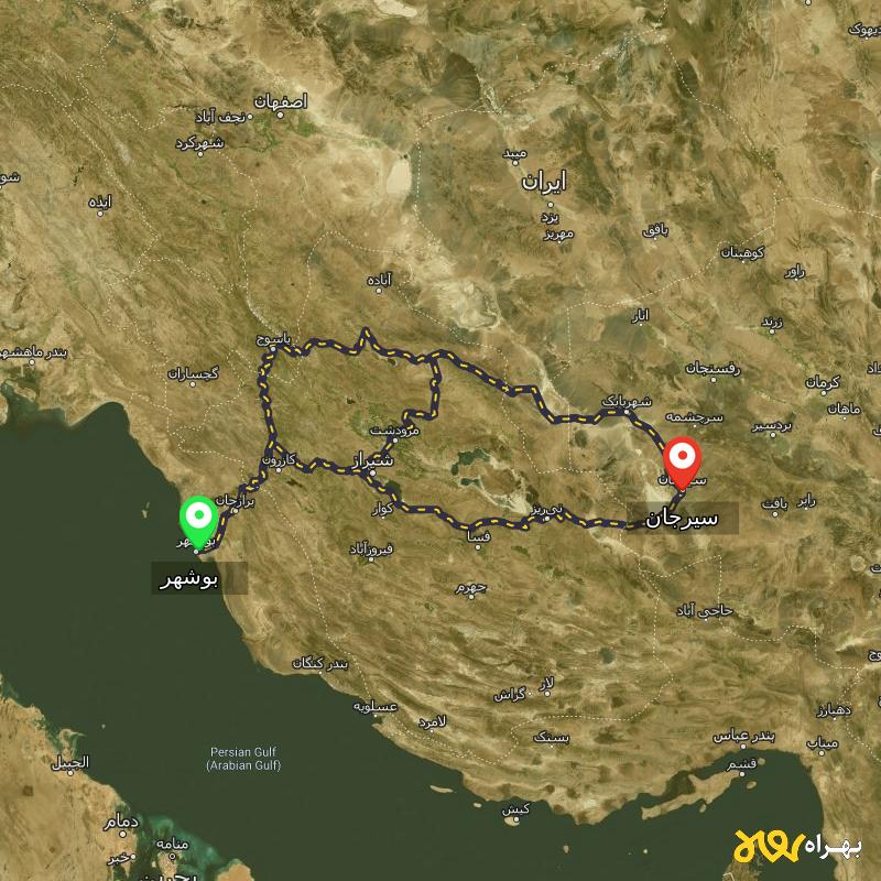 مسافت و فاصله سیرجان تا بوشهر از ۳ مسیر - آذر ۱۴۰۳