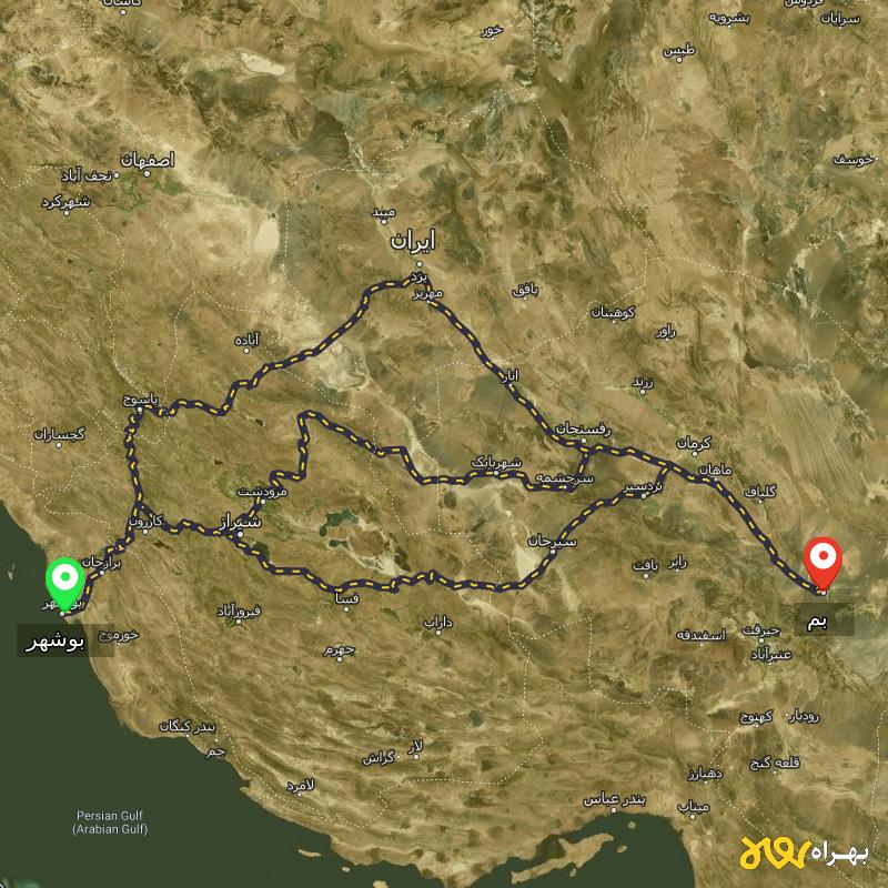 مسافت و فاصله بم تا بوشهر از ۳ مسیر - اردیبهشت ۱۴۰۳