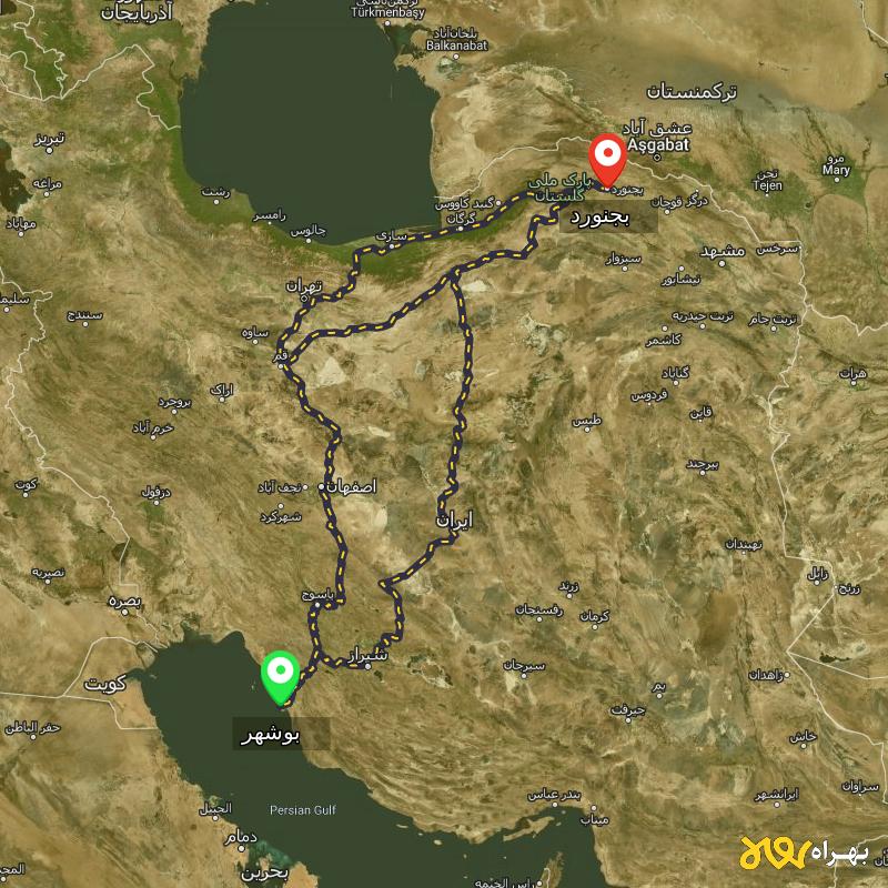 مسافت و فاصله بجنورد تا بوشهر از 3 مسیر - مسیریاب بهراه