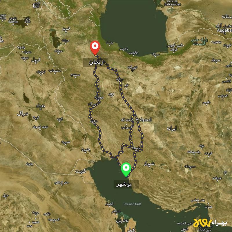 مسافت و فاصله زنجان تا بوشهر از 3 مسیر - مسیریاب بهراه