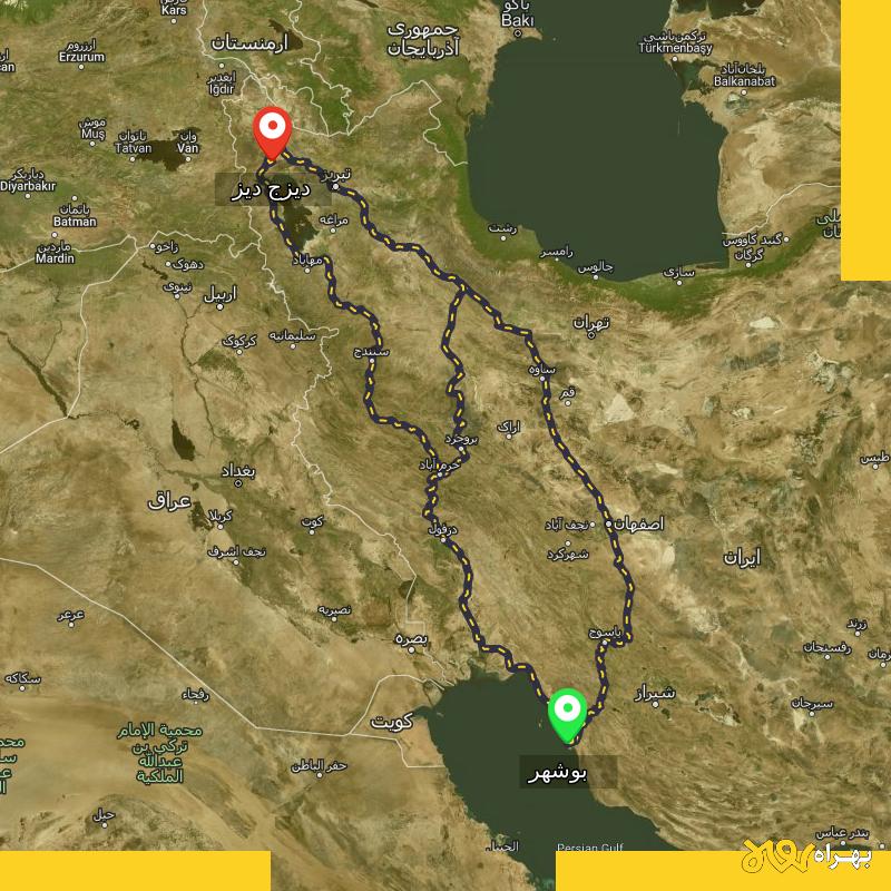 مسافت و فاصله دیزج دیز - آذربایجان غربی تا بوشهر از ۳ مسیر - شهریور ۱۴۰۳