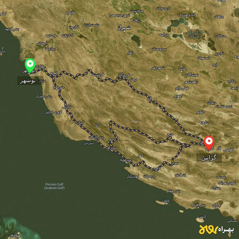 مسافت و فاصله گراش - فارس تا بوشهر از ۳ مسیر - شهریور ۱۴۰۳