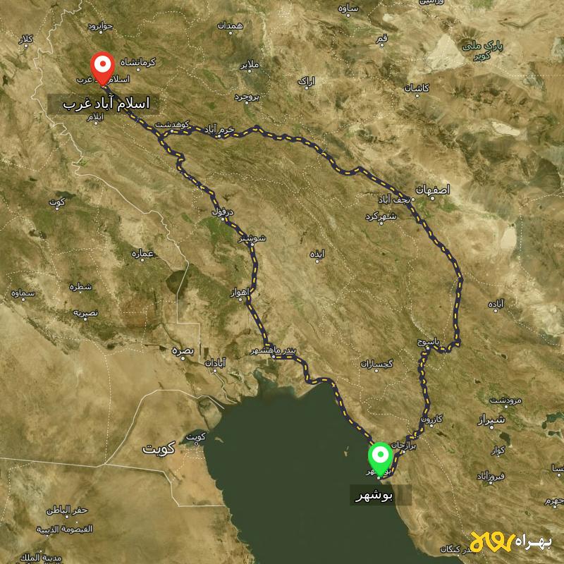مسافت و فاصله اسلام آباد غرب - کرمانشاه تا بوشهر از ۲ مسیر - اردیبهشت ۱۴۰۳