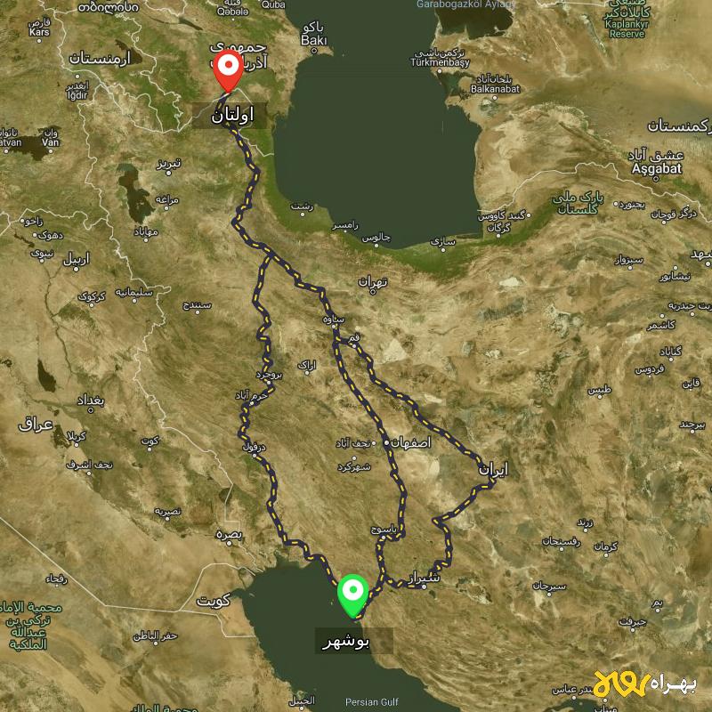 مسافت و فاصله اولتان - اردبیل تا بوشهر از ۳ مسیر - مرداد ۱۴۰۳