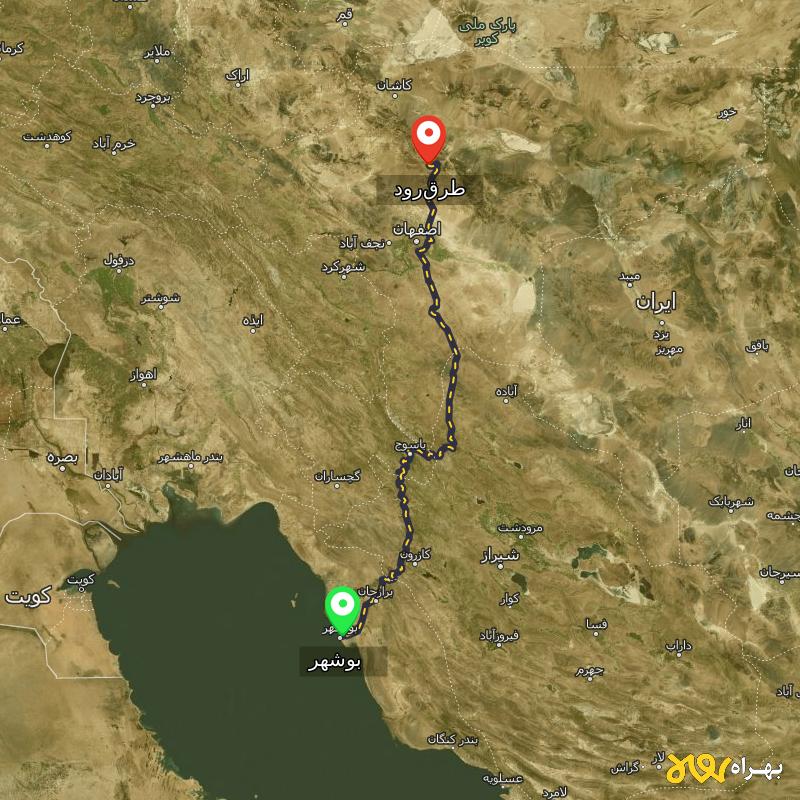 مسافت و فاصله طرق‌رود - اصفهان تا بوشهر - بهمن ۱۴۰۳