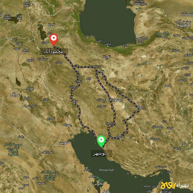مسافت و فاصله محمودآباد - آذربایجان غربی تا بوشهر از ۳ مسیر - مرداد ۱۴۰۳