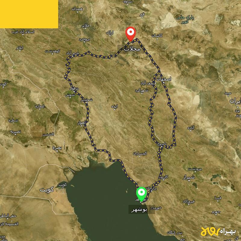 مسافت و فاصله محلات - مرکزی تا بوشهر از ۳ مسیر - مرداد ۱۴۰۳