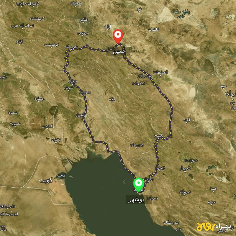 مسافت و فاصله خمین - مرکزی تا بوشهر از ۲ مسیر - اردیبهشت ۱۴۰۳