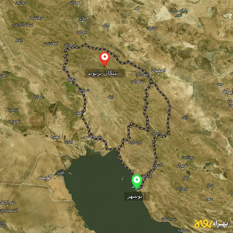 مسافت و فاصله تیتکان بزنوید - لرستان تا بوشهر از ۳ مسیر - شهریور ۱۴۰۳