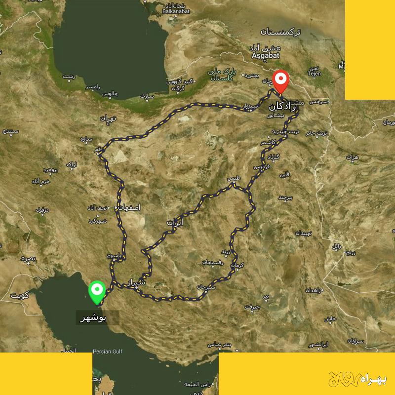 مسافت و فاصله رادکان - خراسان رضوی تا بوشهر از ۳ مسیر - شهریور ۱۴۰۳