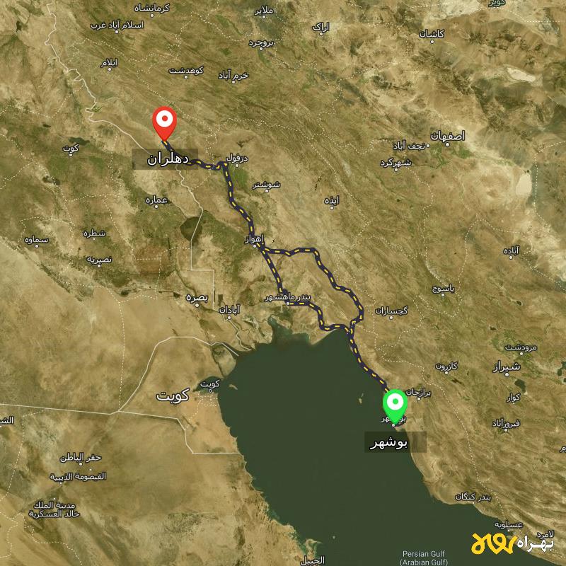 مسافت و فاصله دهلران - ایلام تا بوشهر از ۲ مسیر - آذر ۱۴۰۳