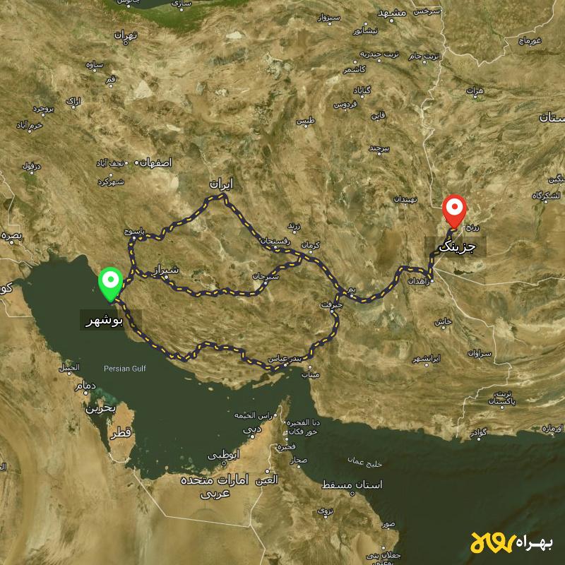 مسافت و فاصله جزینک - سیستان و بلوچستان تا بوشهر از ۳ مسیر - مرداد ۱۴۰۳