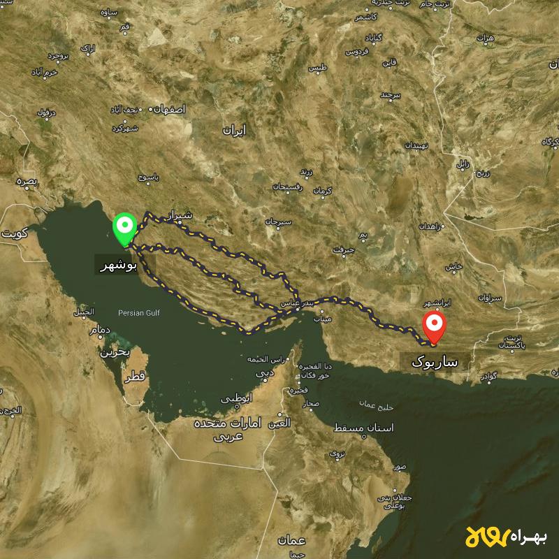 مسافت و فاصله ساربوک - سیستان و بلوچستان تا بوشهر از ۳ مسیر - شهریور ۱۴۰۳