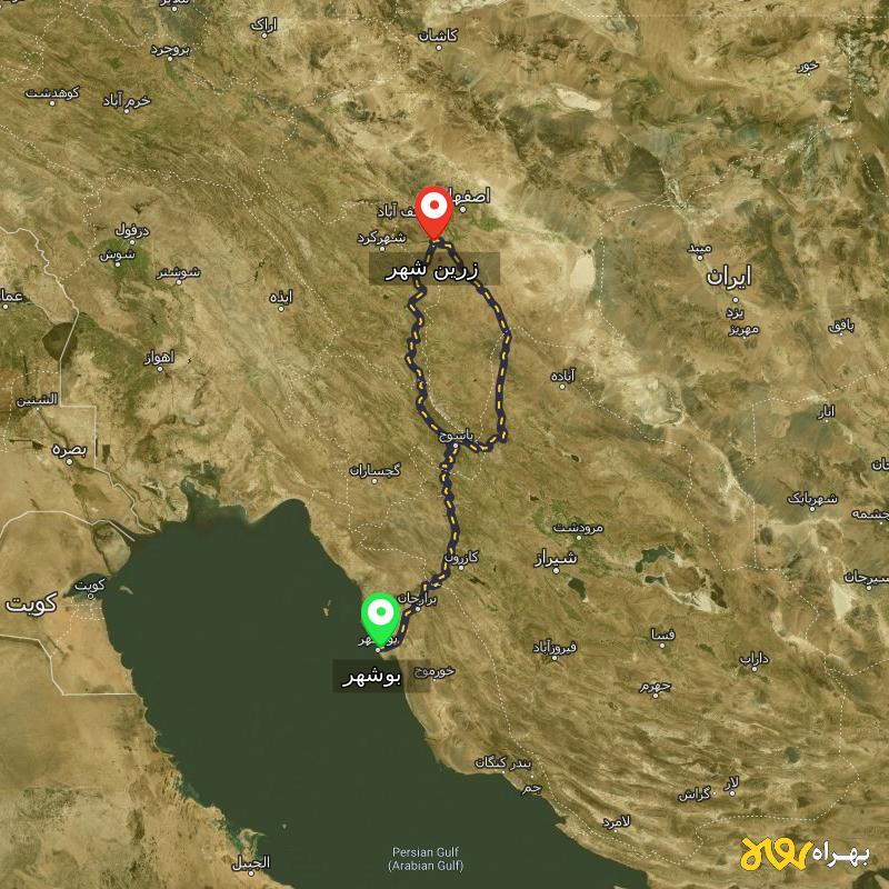 مسافت و فاصله زرین شهر - اصفهان تا بوشهر از ۲ مسیر - اردیبهشت ۱۴۰۳