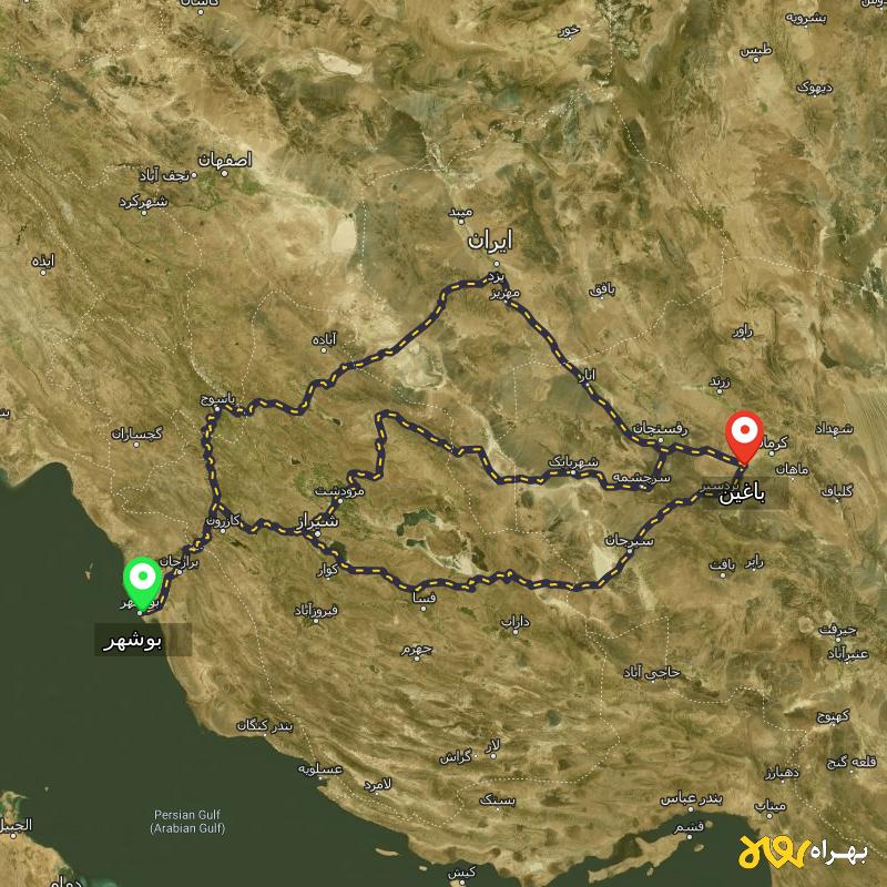 مسافت و فاصله باغین - کرمان تا بوشهر از ۳ مسیر - آذر ۱۴۰۳