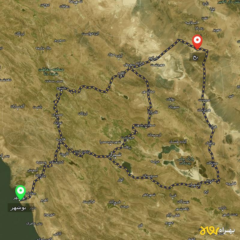 مسافت و فاصله بخ - یزد تا بوشهر از ۳ مسیر - اردیبهشت ۱۴۰۳