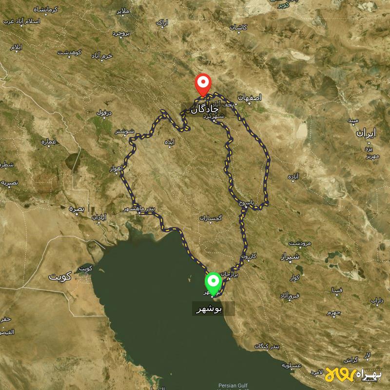 مسافت و فاصله چادگان - اصفهان تا بوشهر از ۳ مسیر - دی ۱۴۰۳