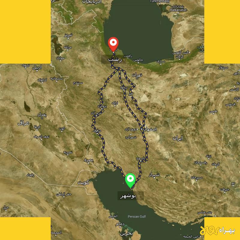 مسافت و فاصله رشت تا بوشهر از ۳ مسیر - مرداد ۱۴۰۳