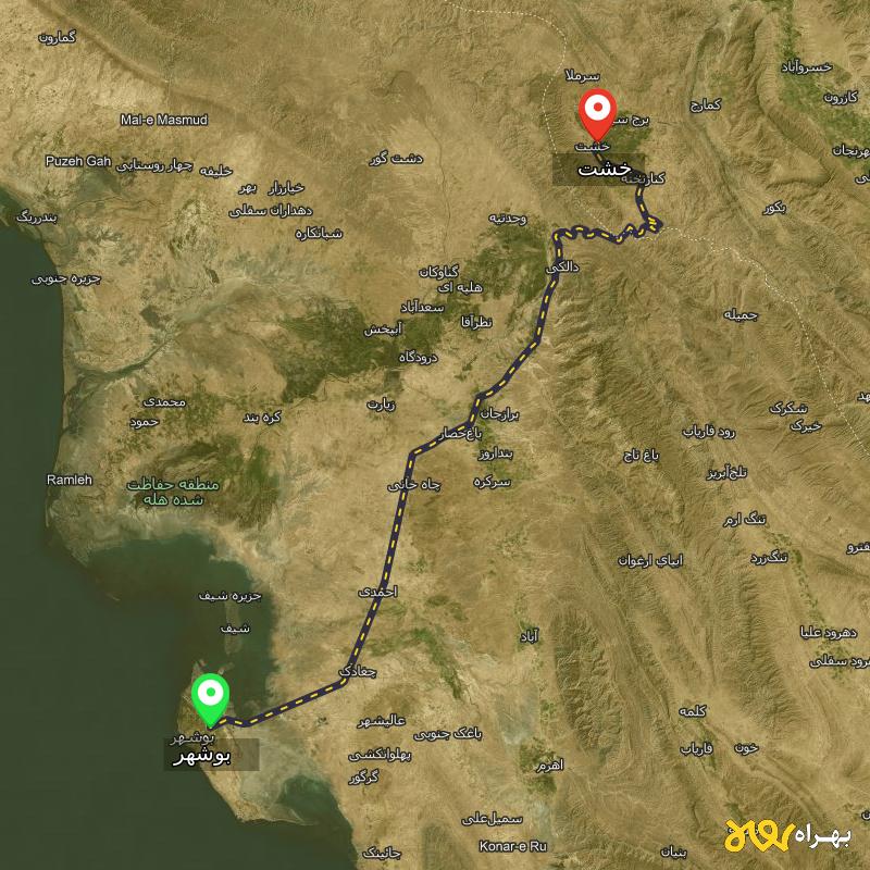 مسافت و فاصله خشت - فارس تا بوشهر - اردیبهشت ۱۴۰۳