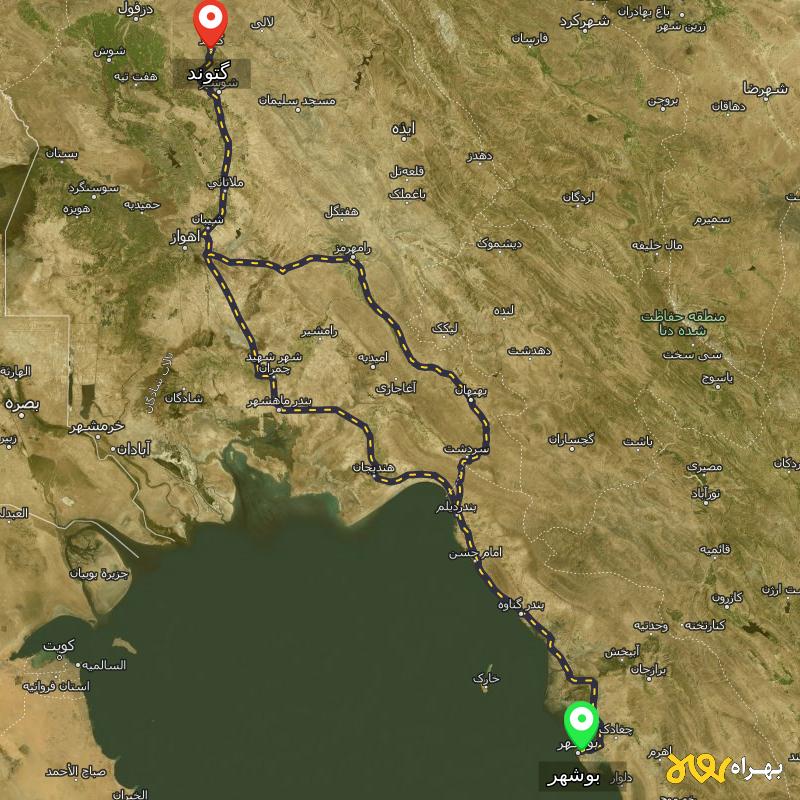 مسافت و فاصله گتوند - خوزستان تا بوشهر از ۲ مسیر - شهریور ۱۴۰۳