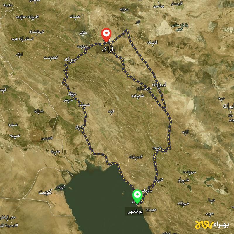 مسافت و فاصله اراک تا بوشهر از 3 مسیر - مسیریاب بهراه
