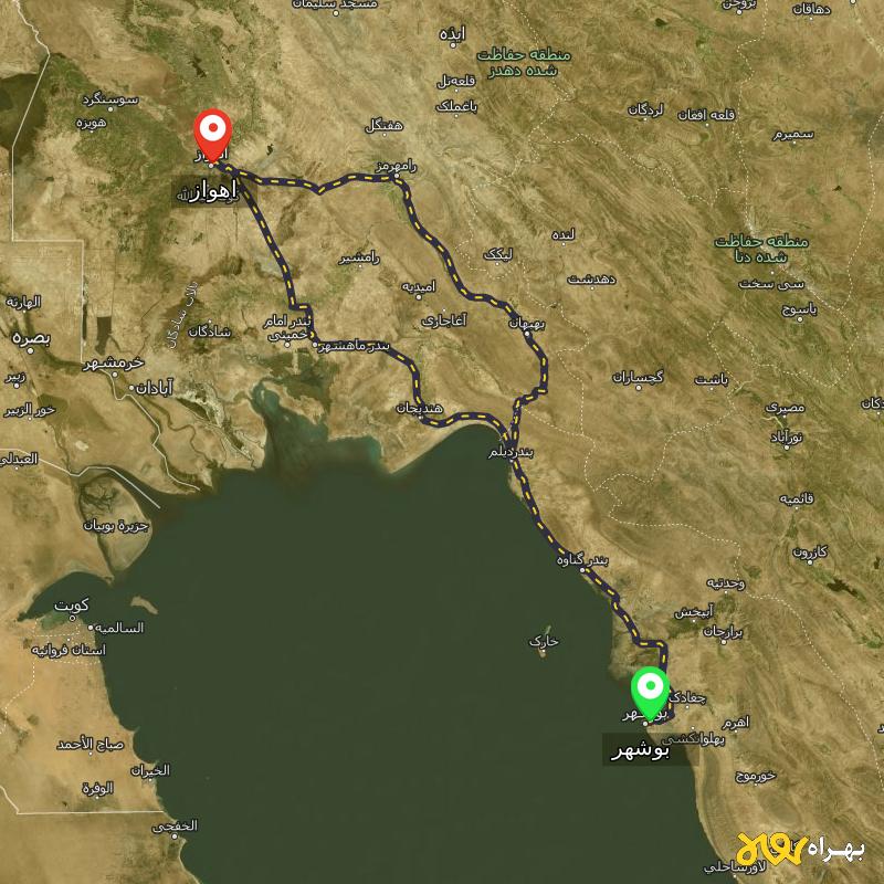 مسافت و فاصله اهواز تا بوشهر از ۲ مسیر - اردیبهشت ۱۴۰۳
